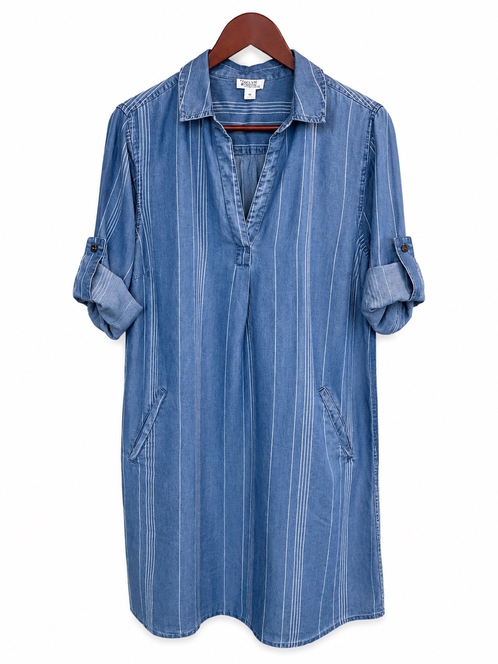 Market & Spruce Blue Striped Shirt Dress Pockets Women's L 100% Lyocell